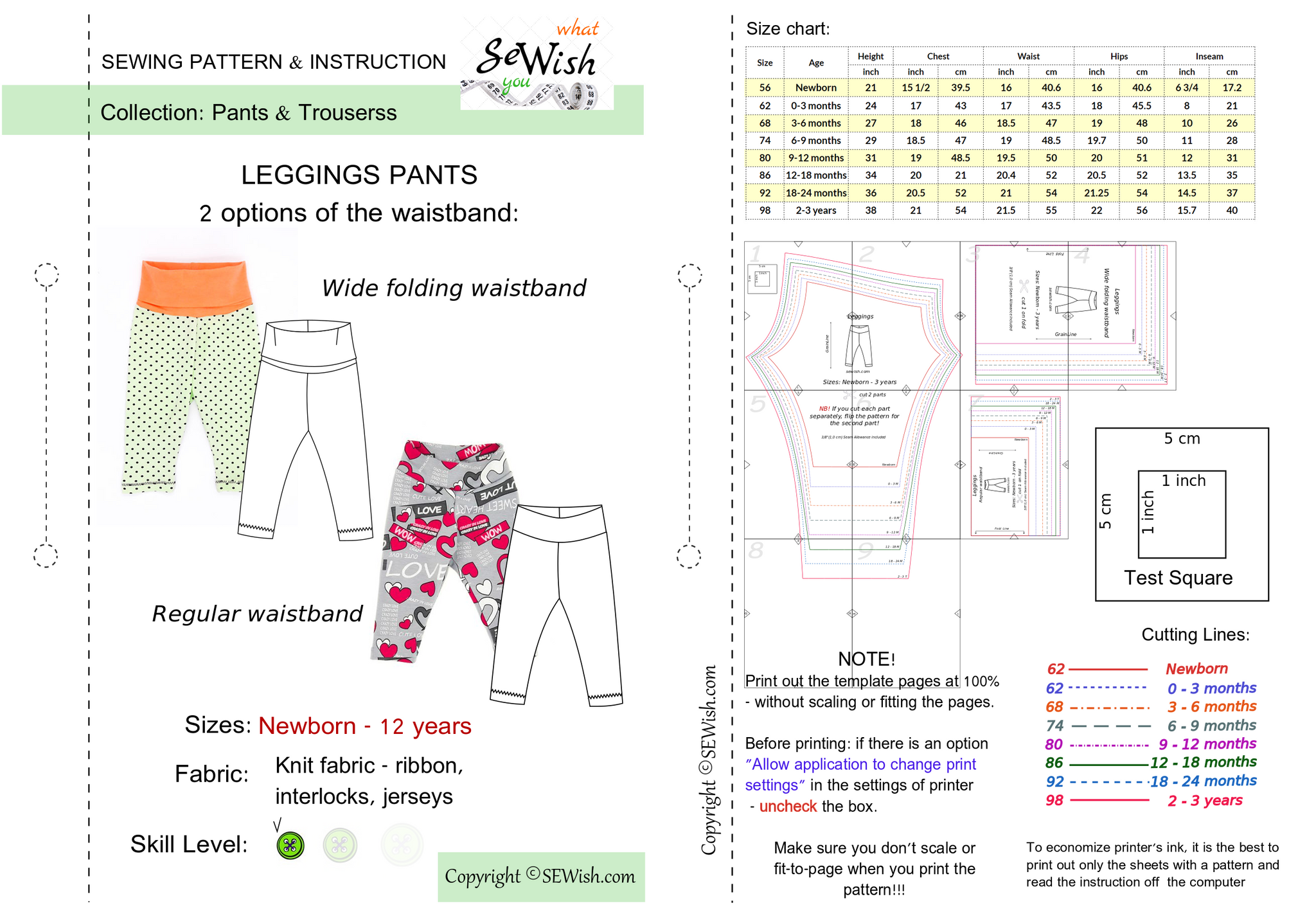 Women's Leggings Block PDF Sewing Pattern Size XS 6X Plus Size