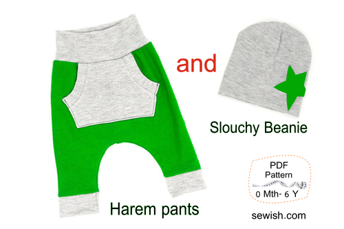 Baby Harem Pants & Baby Hat Slouchy Beanie Sewing Patterns. Sizes 0 Month-6 YEARS